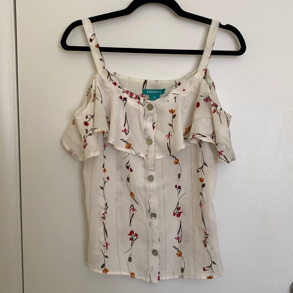 Cristina White and Floral Cold Shoulder Blouse, Size Small
